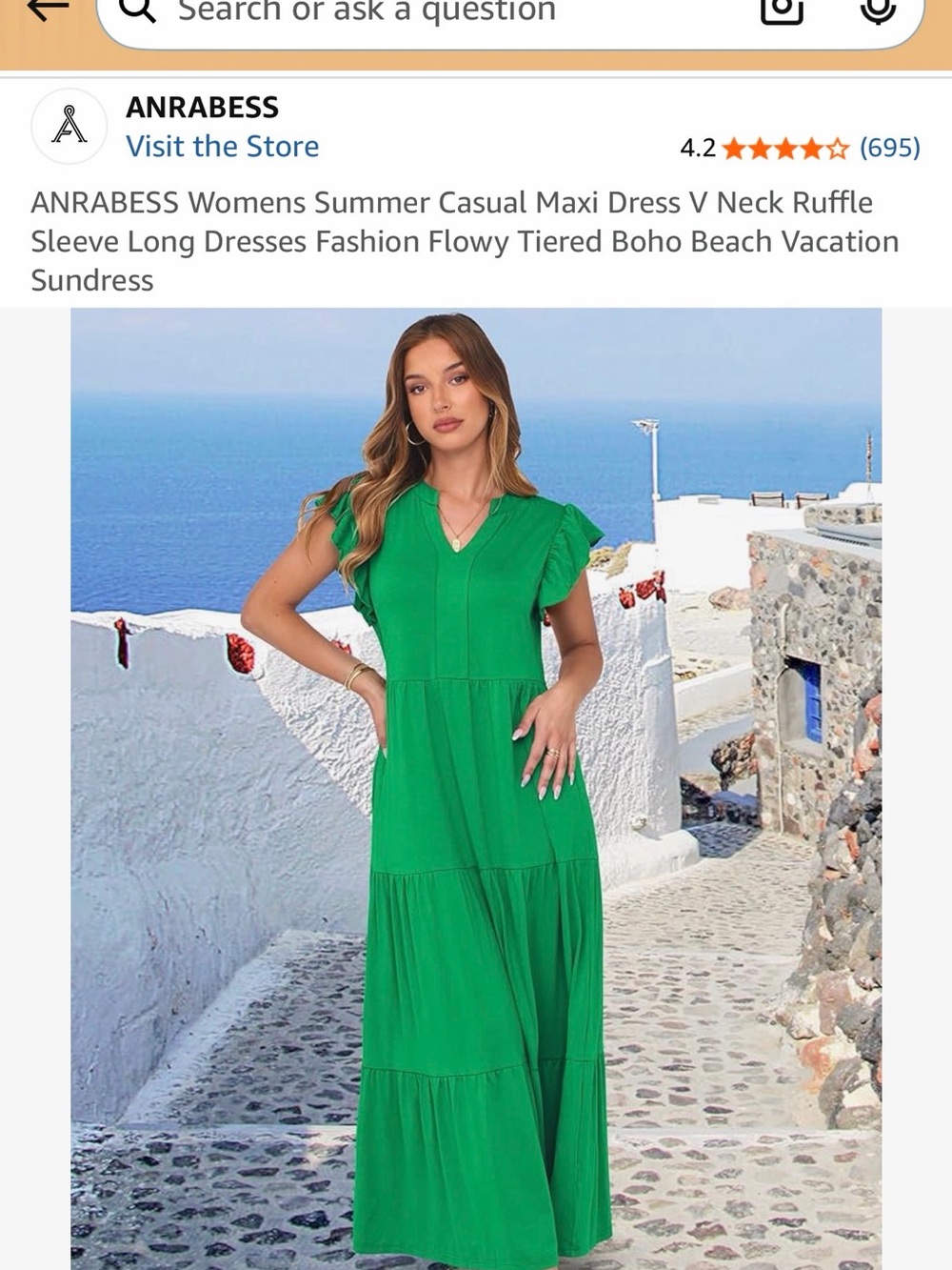 ANRABESS Green V-Neck Ruffle Sleeve Maxi Dress